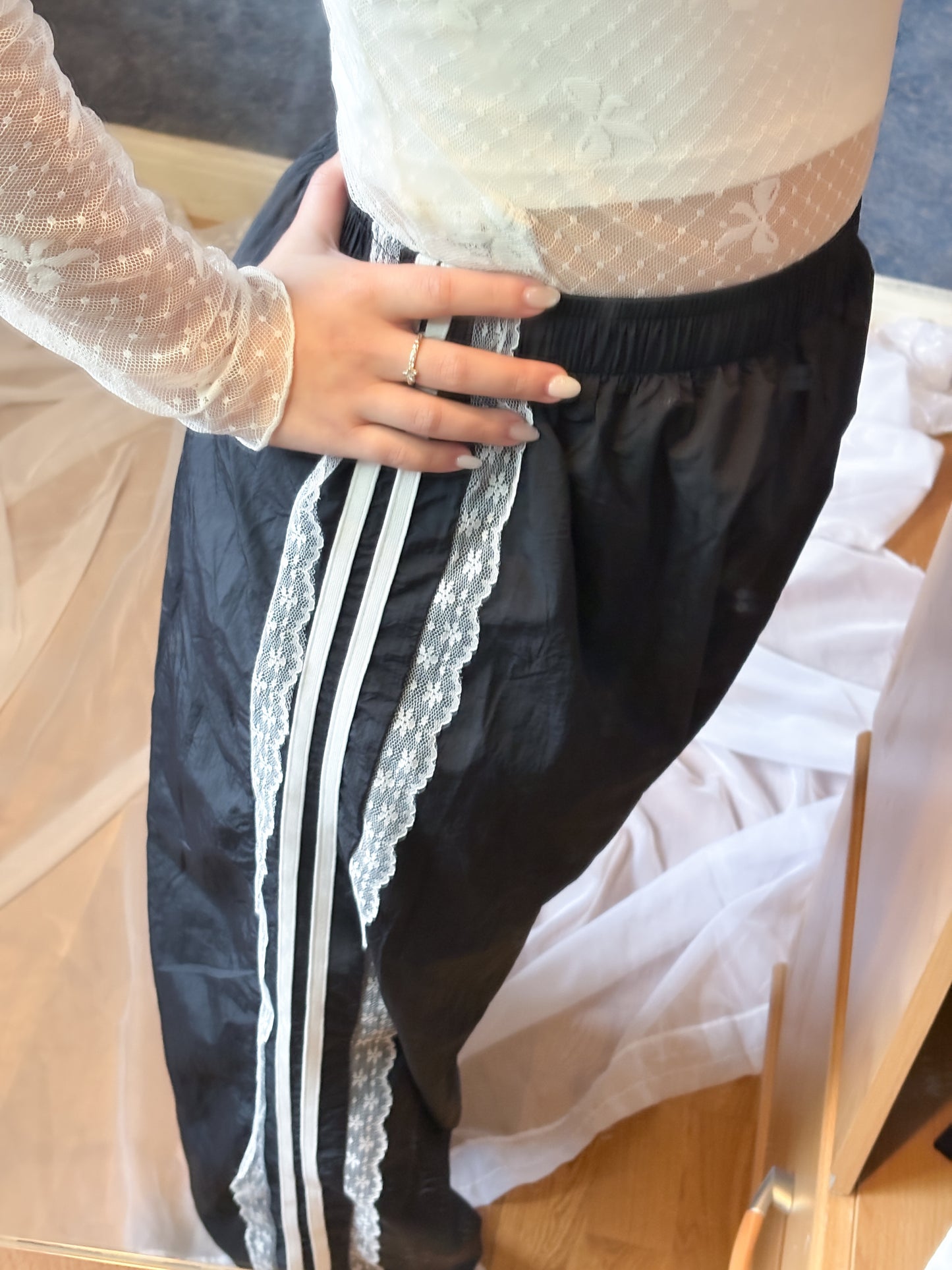 Mave Y2K Lace-Panel Wide-Leg Trousers