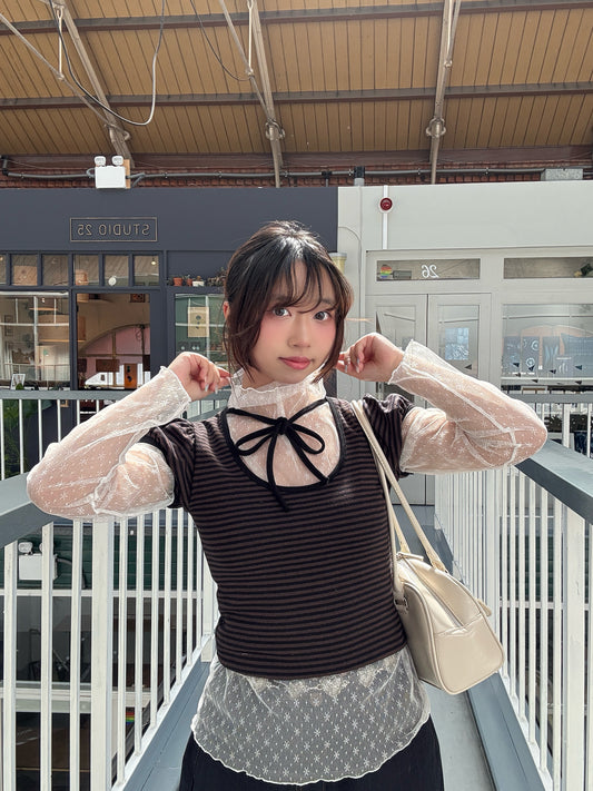 Casual Girly Striped Ribbon T-Shirt