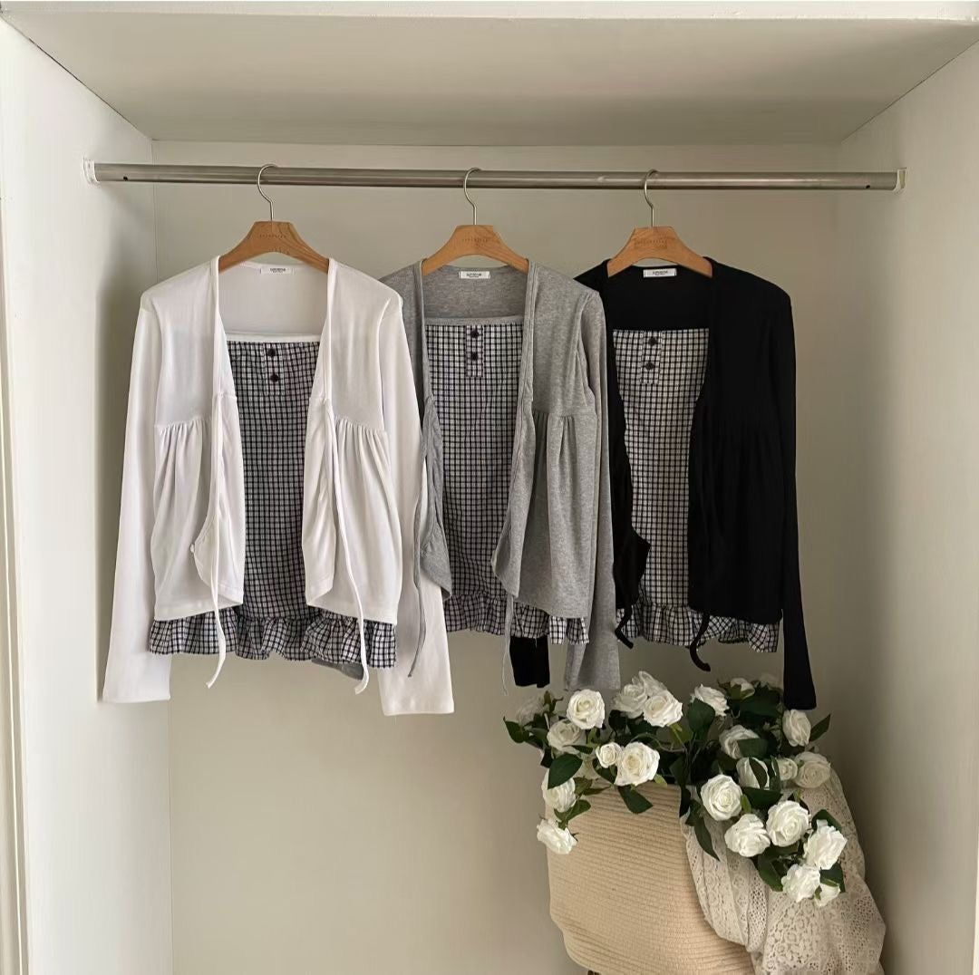 Pretty Check Color Layer Cardigan Long Sleeve Top