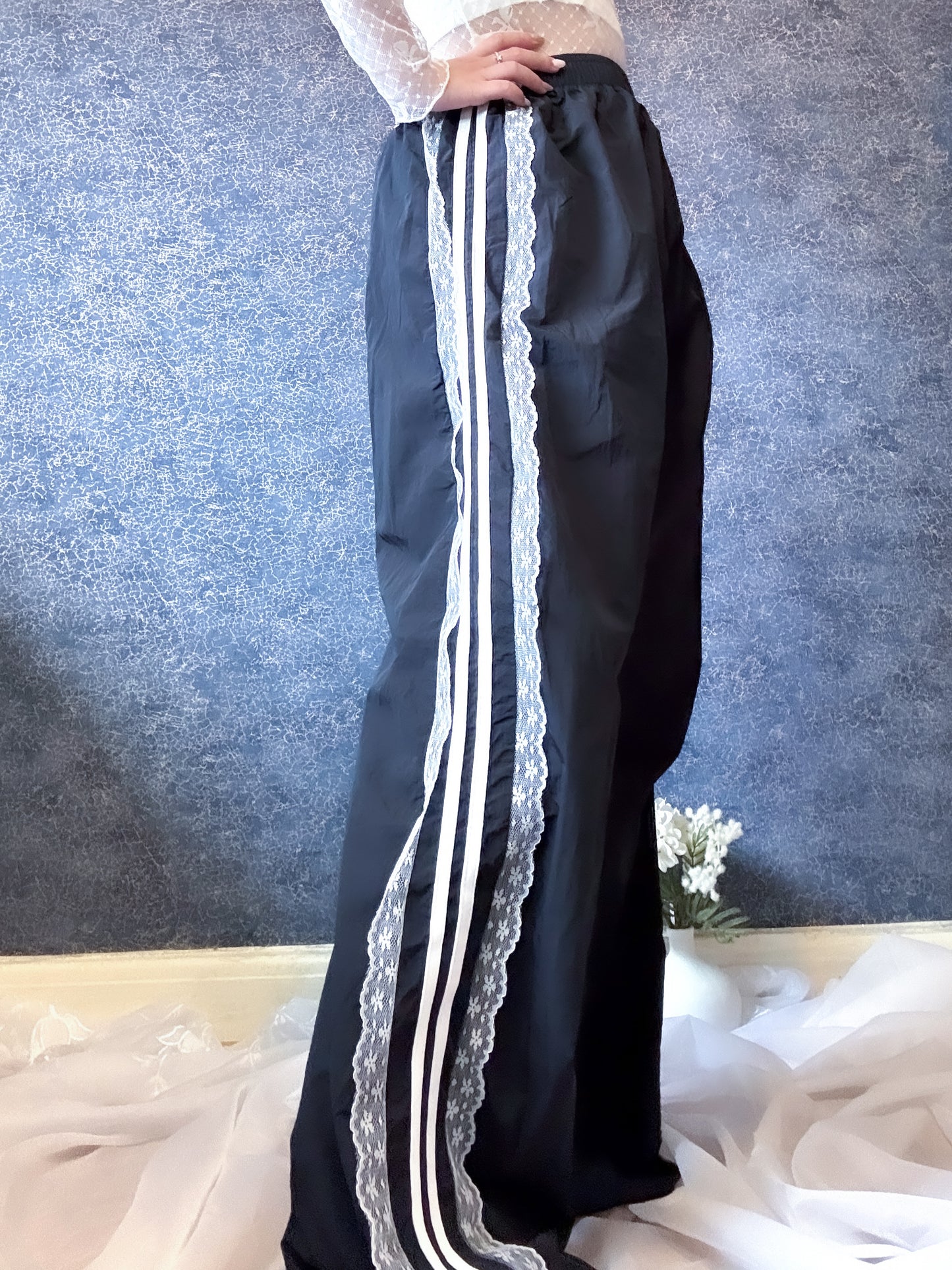 Mave Y2K Lace-Panel Wide-Leg Trousers