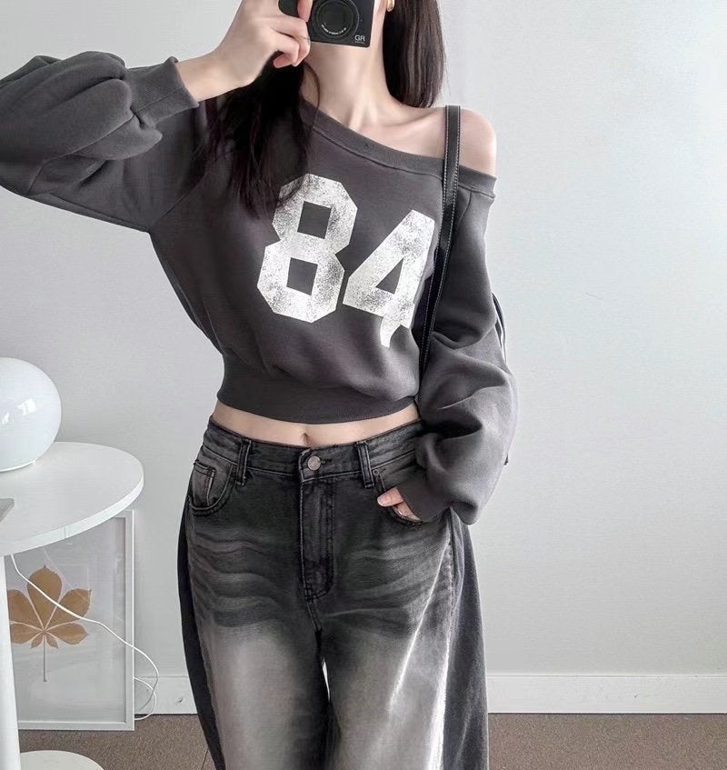 84 Raglan Off-Shoulder Crop Sweatshirt (Ink Grey)