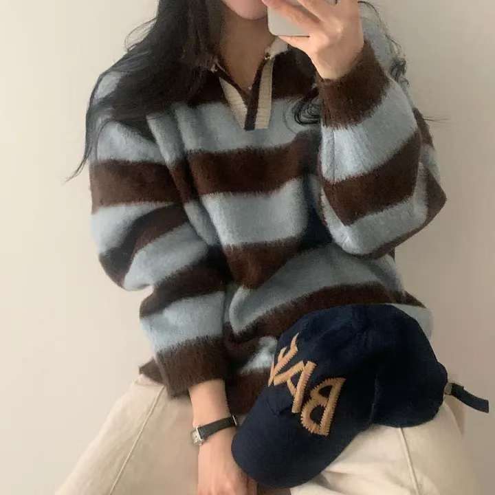 (Preorder) Unisex Collar Brush Striped Knitwear