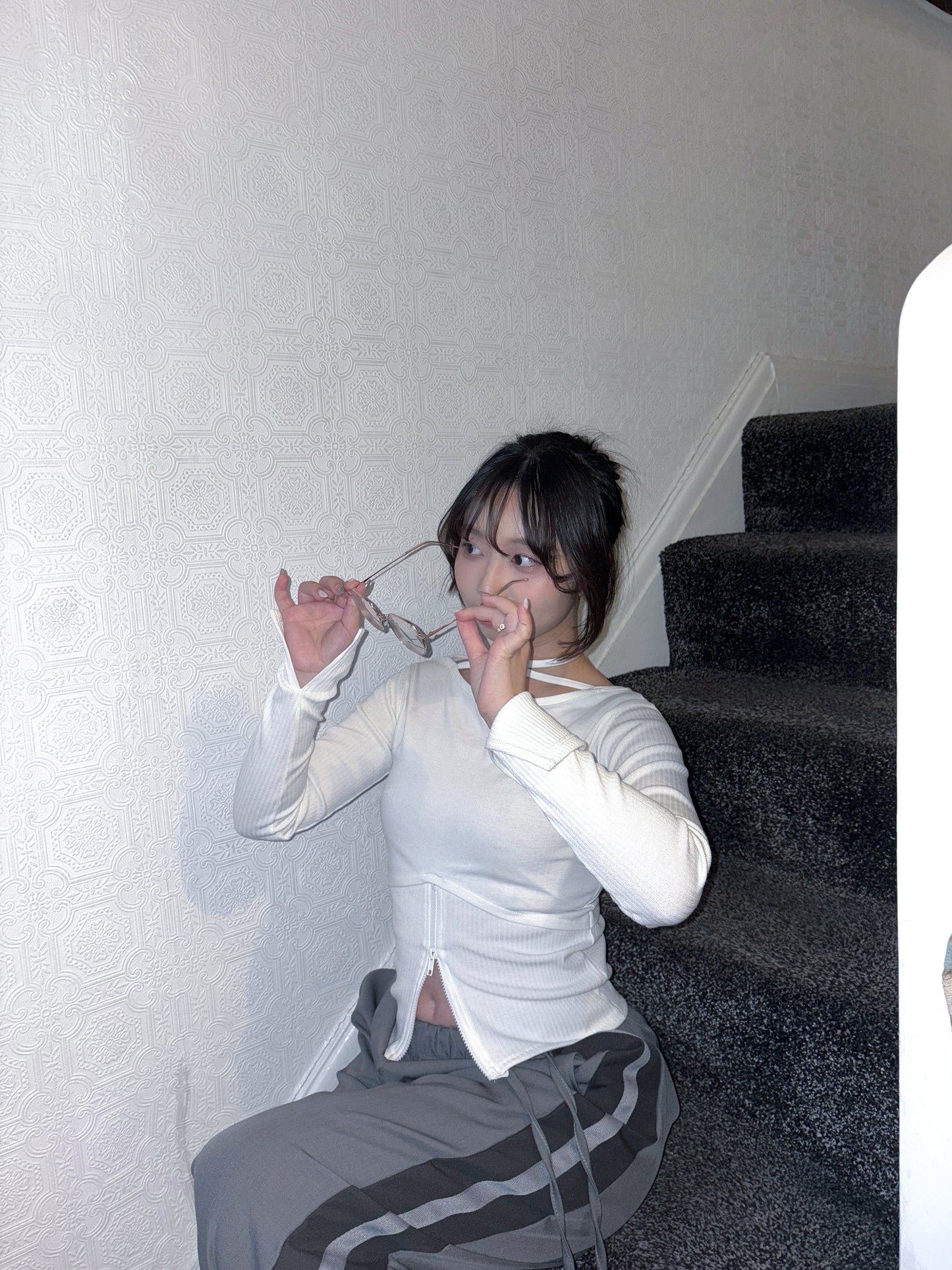 Y2k Neck Strap Zipper Long Sleeve T-shirt (2 Colours)