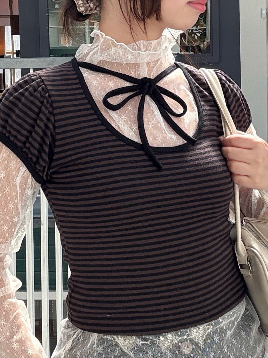 Casual Girly Striped Ribbon T-Shirt