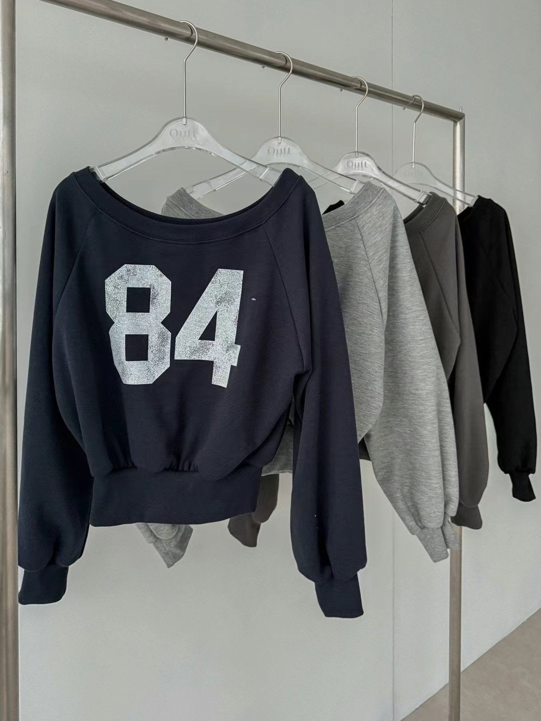 84 Raglan Off-Shoulder Crop Sweatshirt (Ink Grey)