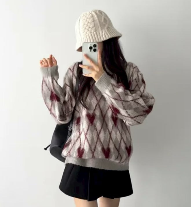 (BF NEW IN) Christmas Vibe Heart Check Knit