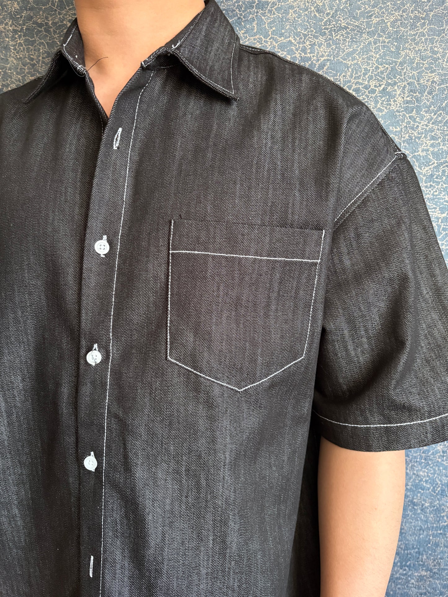 Non-fade Oversize Denim Short-Sleeve Shirt