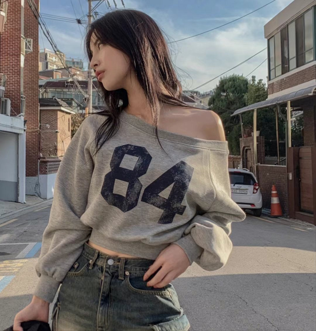 84 Raglan Off-Shoulder Crop Sweatshirt (Ink Grey)