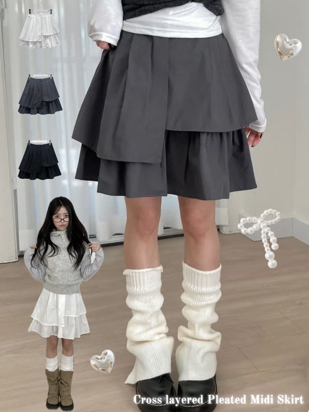 Cross layered Pleated Midi Skirt