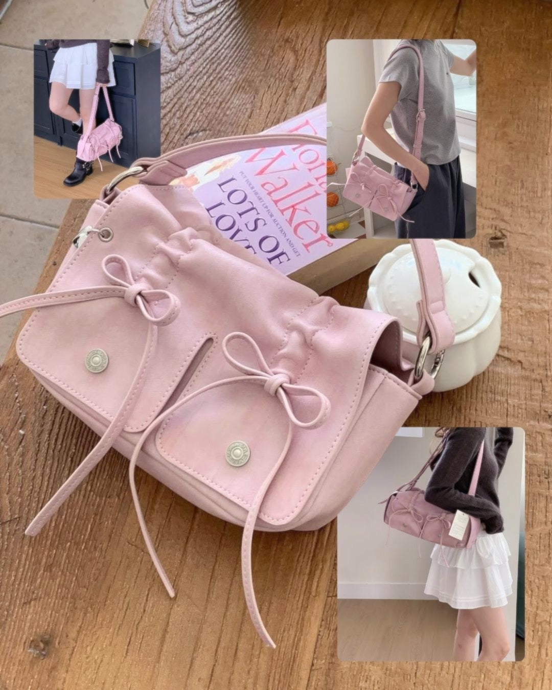 Pink Designer Brand Ribbon Leather Shoulder Bag (Large/Mini)