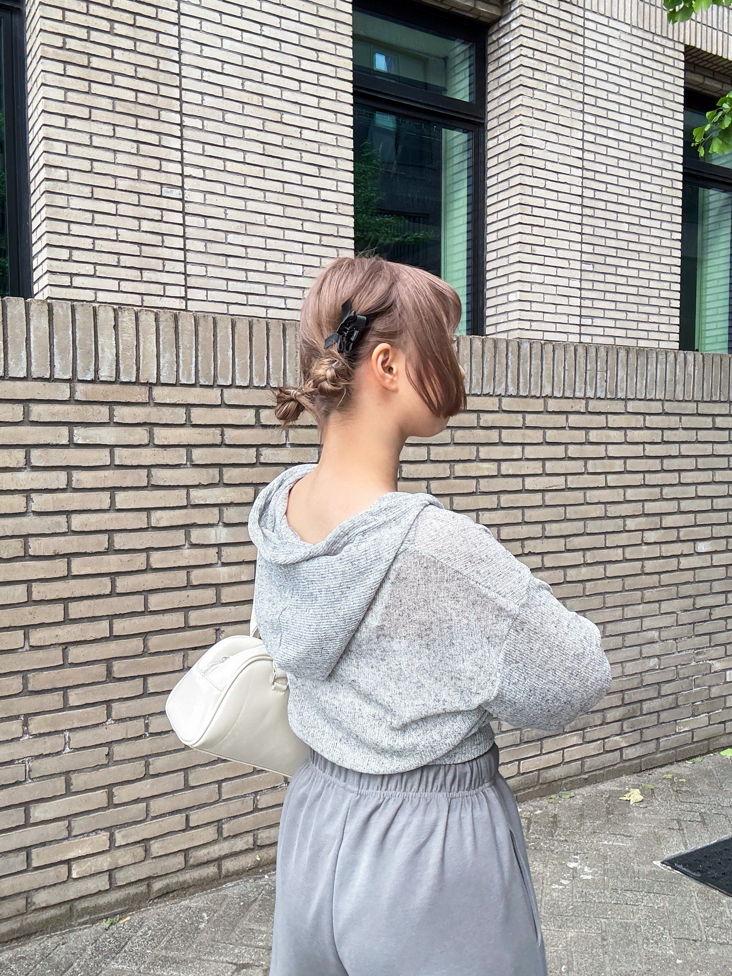 Summer Balloon Sleeves Crop Hooded Zip Up Cardigan (Grey)