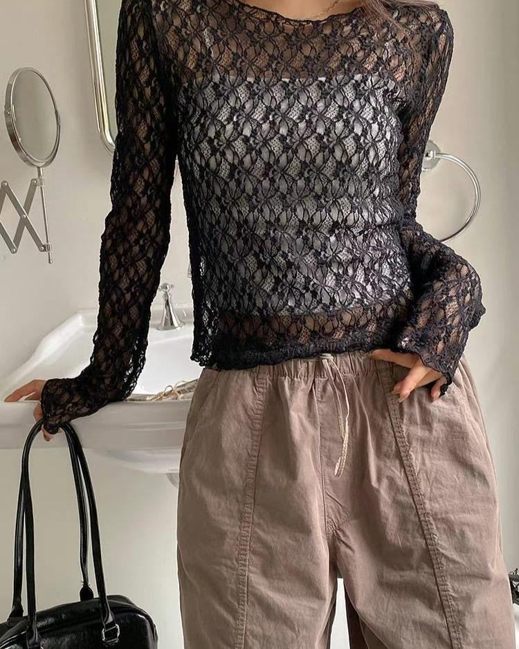 Sheer Lacy Slight Cropped Ballet Floral Tee (2 Colours)