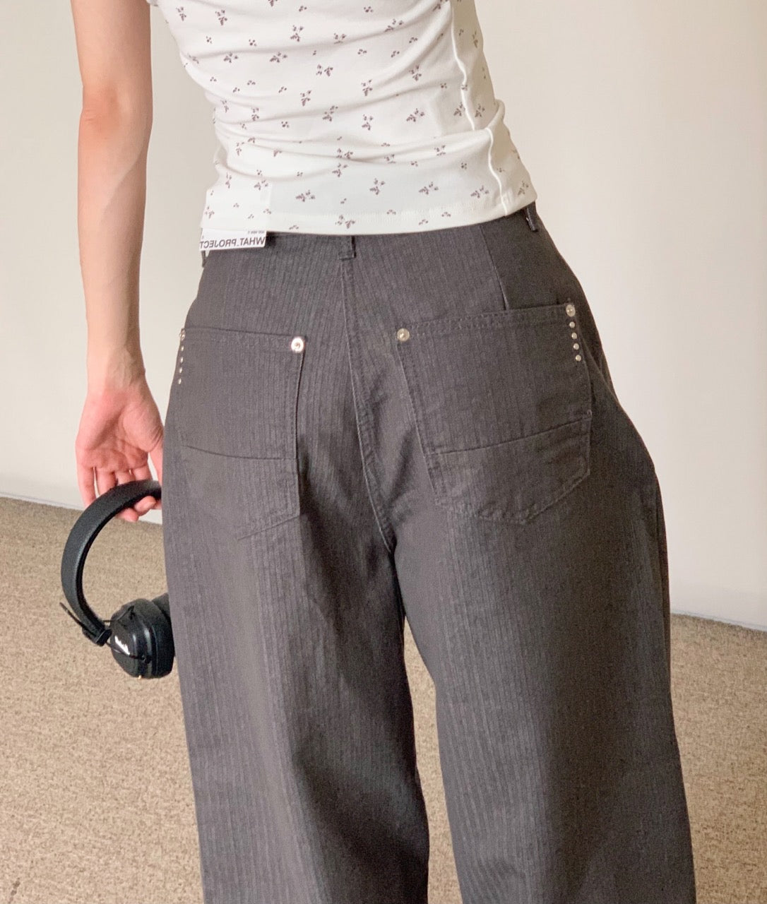 Metal Herringbone Loose Wide Jeans (Gray)