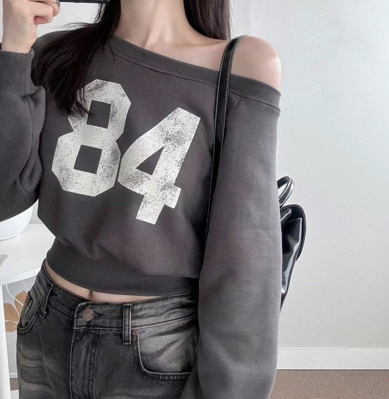 84 Raglan Off-Shoulder Crop Sweatshirt (Ink Grey)