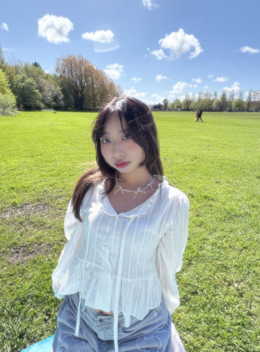 Ruffle Hem Long Sleeve Blouse with Ties