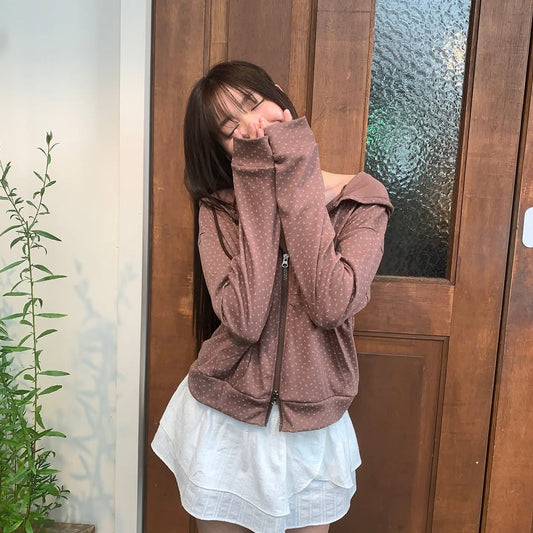 Floral Pattern Hooded Two Way Zip-up Jacket (Brown)