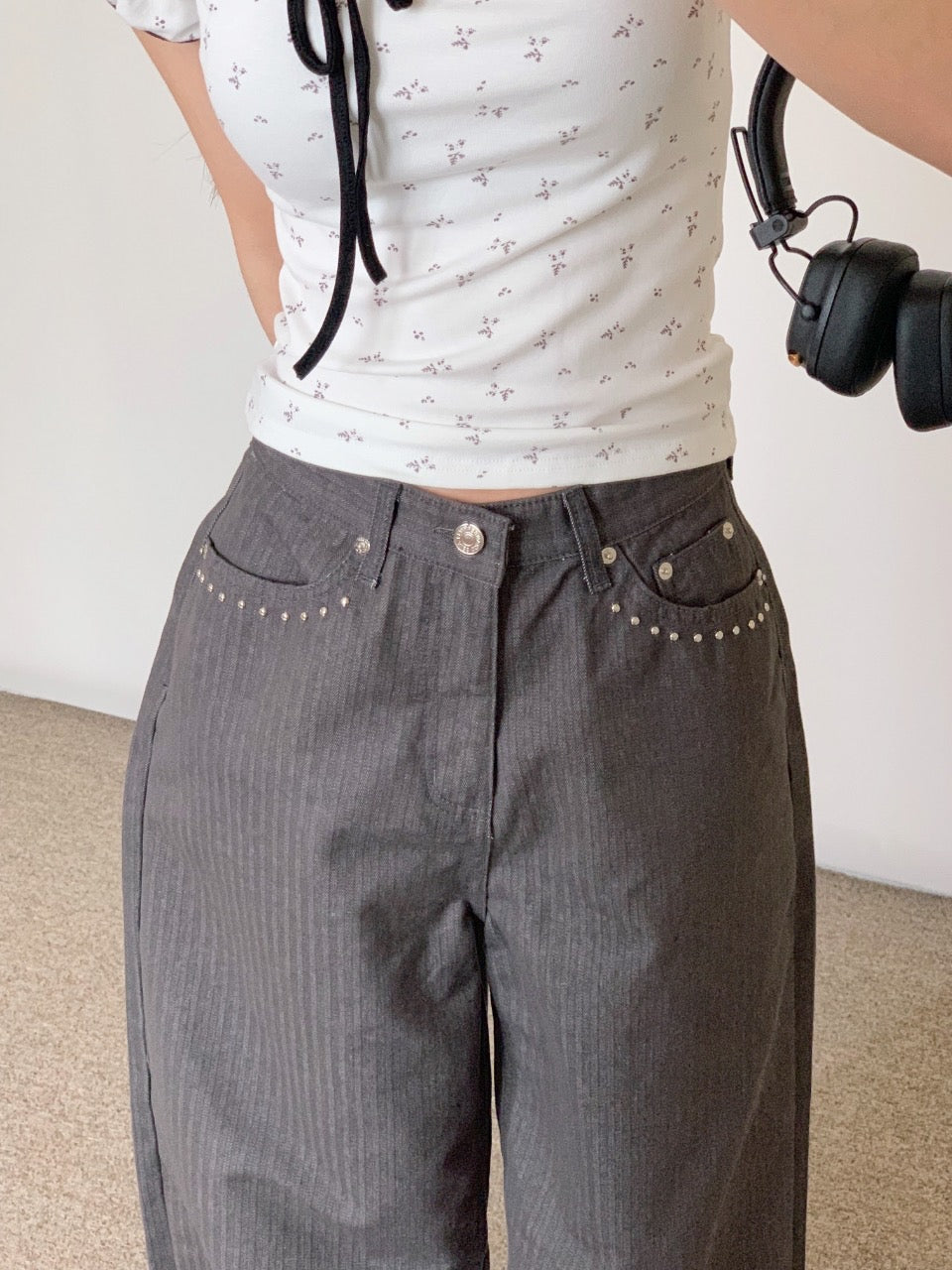 Metal Herringbone Loose Wide Jeans (Gray)