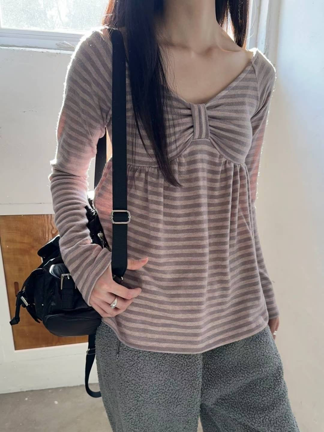 Ribbon Chest Design Off Shoulder Striped Top