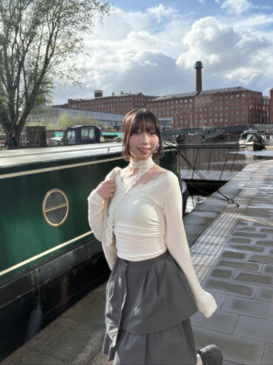 Lace-Trim Ribbed Long Sleeve Top with Scarf