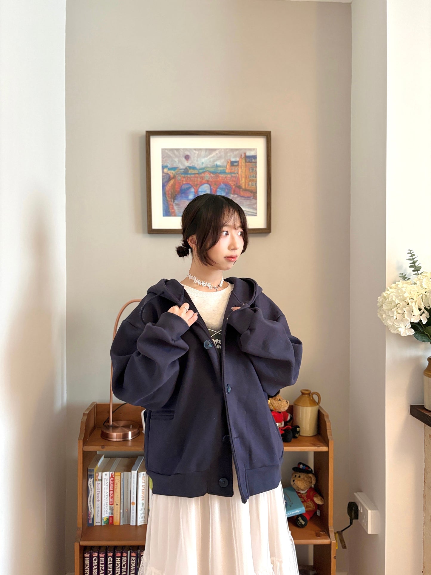 Oversized Double-Knit Button Hood Zip-Up (Navy White Preorder)
