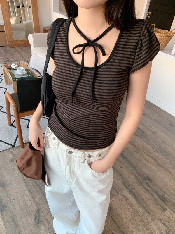 Casual Girly Striped Ribbon T-Shirt
