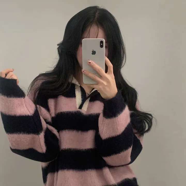 (Preorder) Unisex Collar Brush Striped Knitwear