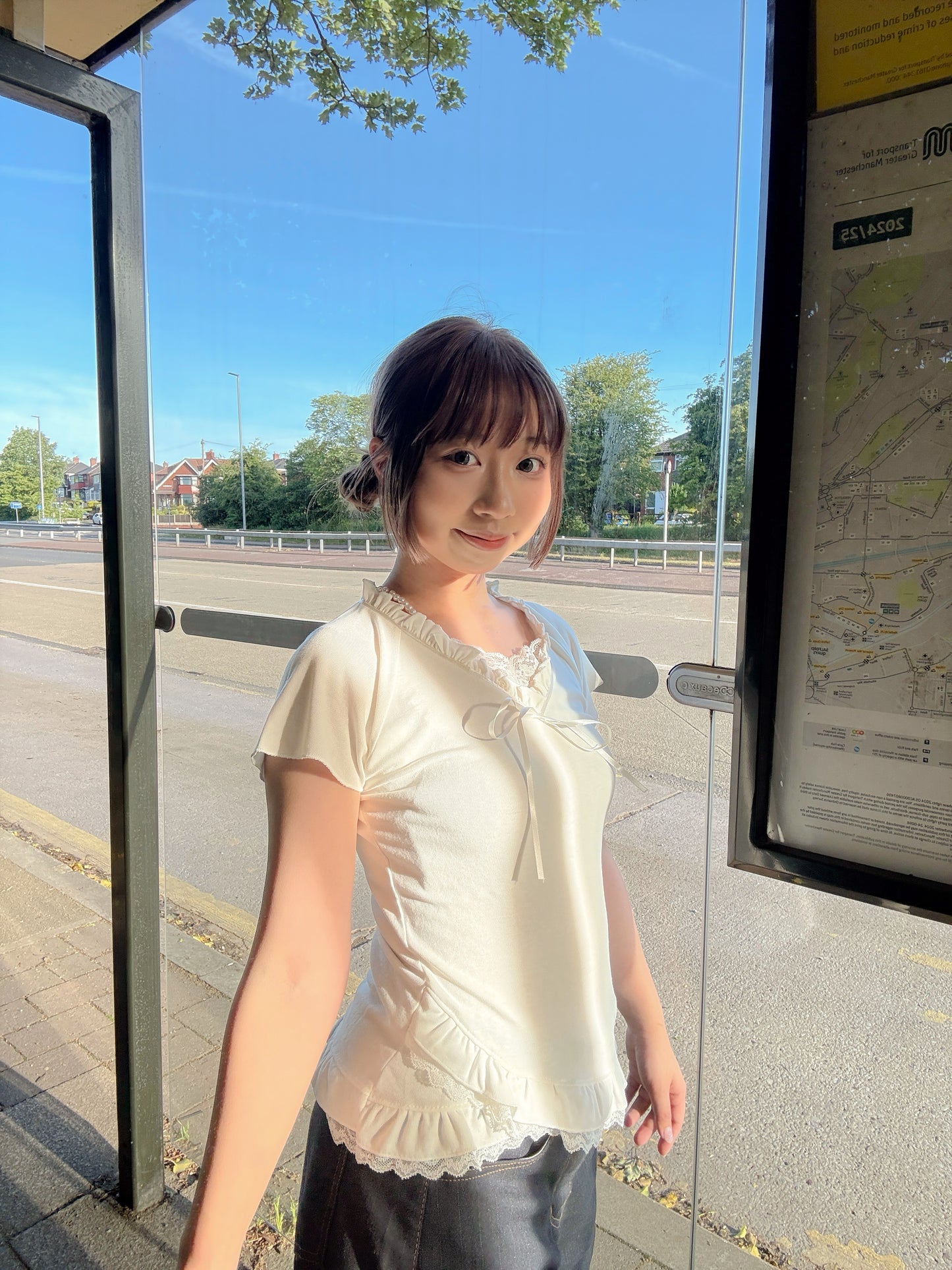 Elegant Balletcore Frill Lace Ribbon Top (White)