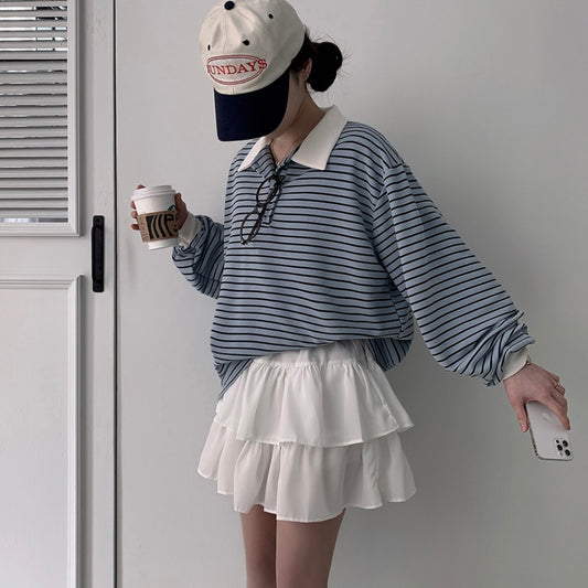 Collar striped long-sleeve top