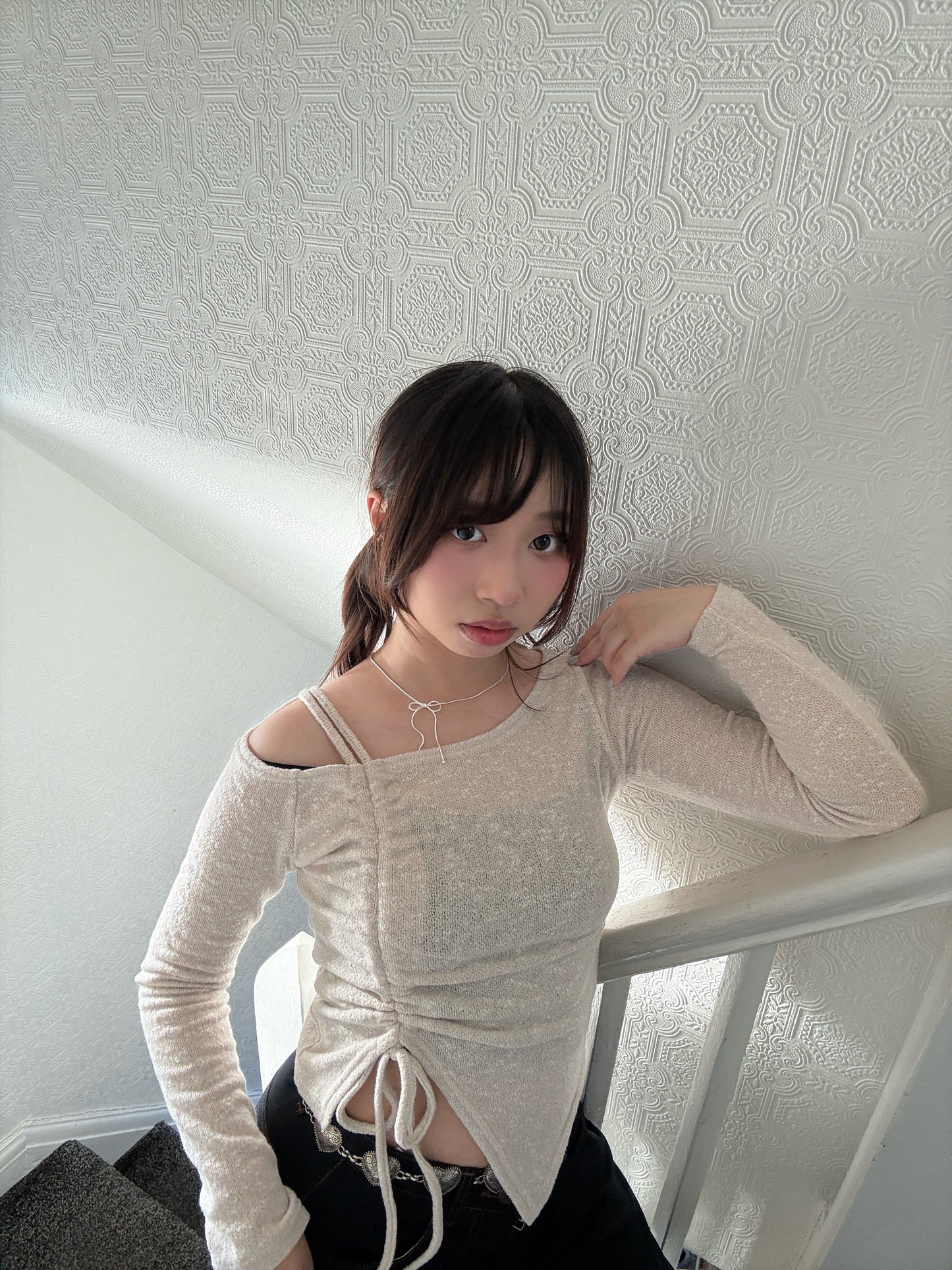Unbalanced Ribbon Knit Strap Top