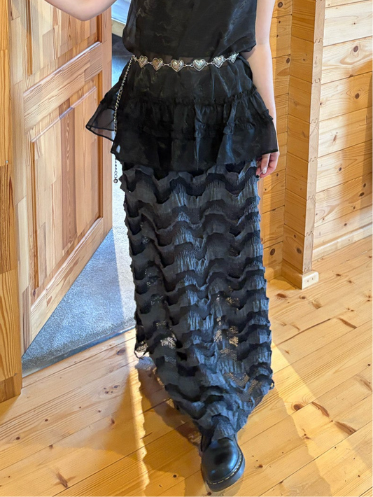 Lace CanCan Wave Skirt – Two-Tone Banded Waist with Slit (Black)