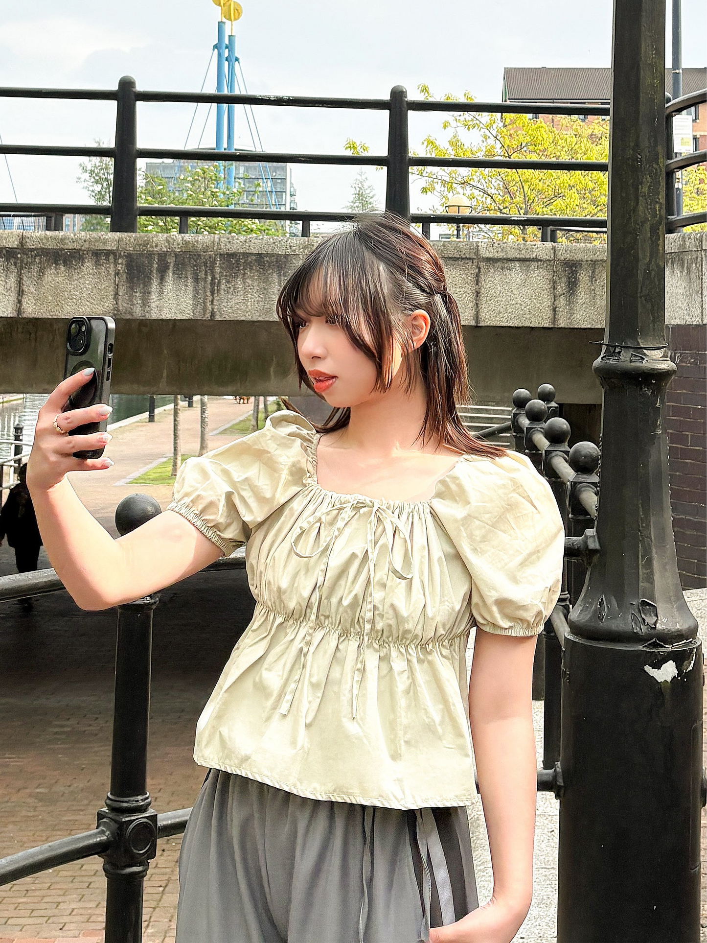 Puff Ruffle Ribbon Cropped Short Sleeve Blouse