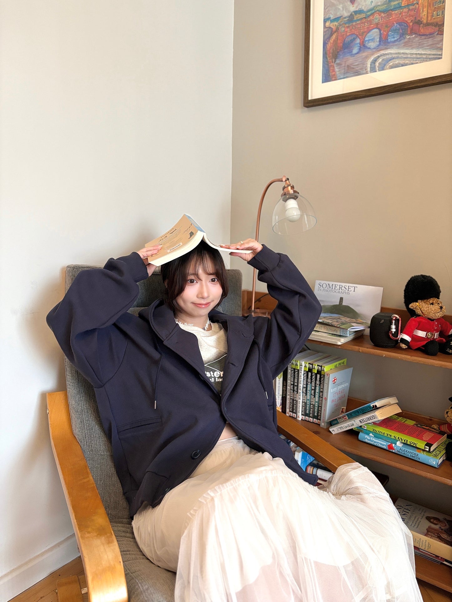 Oversized Double-Knit Button Hood Zip-Up (Navy White Preorder)