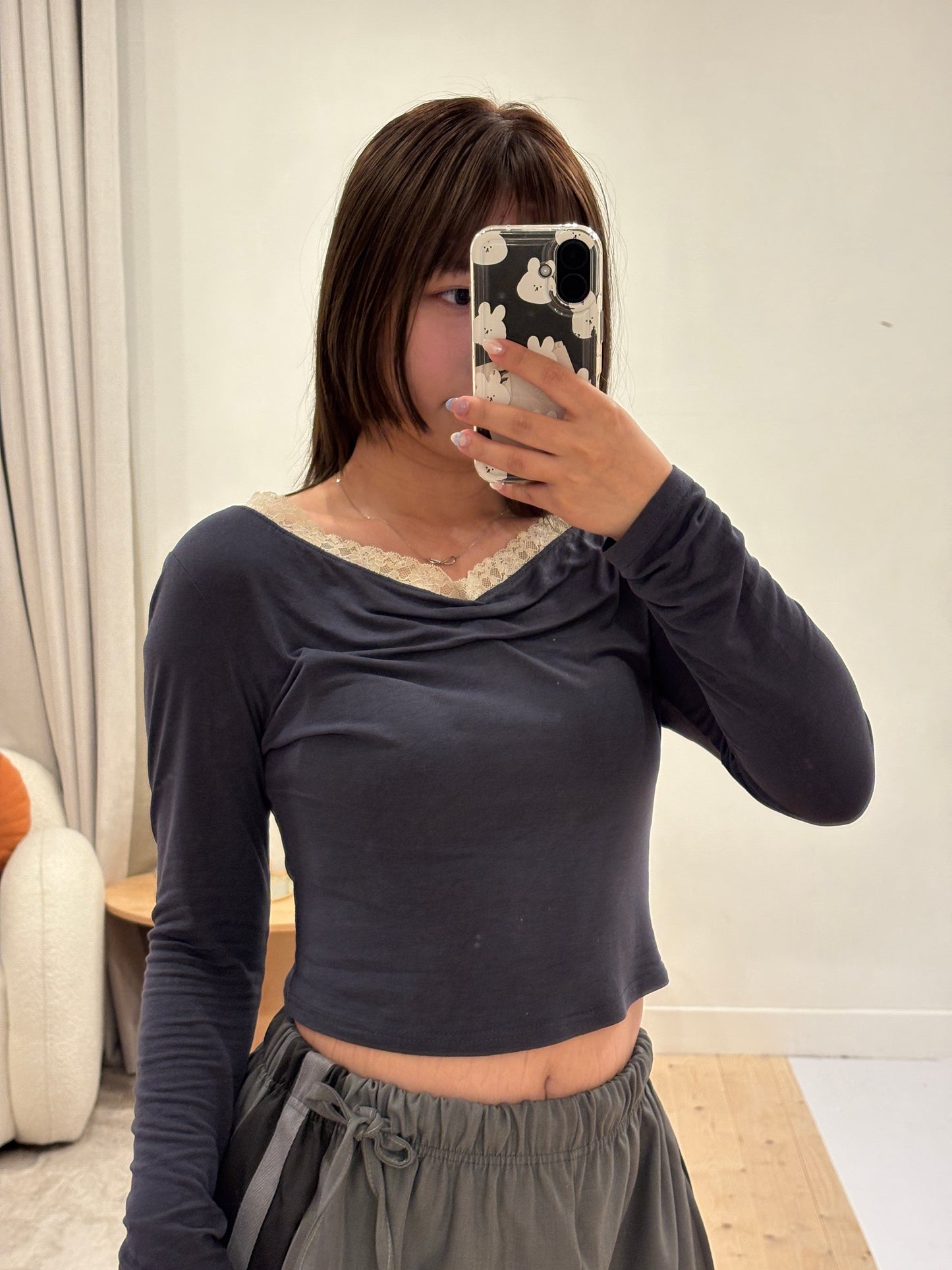 (Preorder) Shirred Lace Slim Drape Layered Long-Sleeve T-shirt (3 Colours)