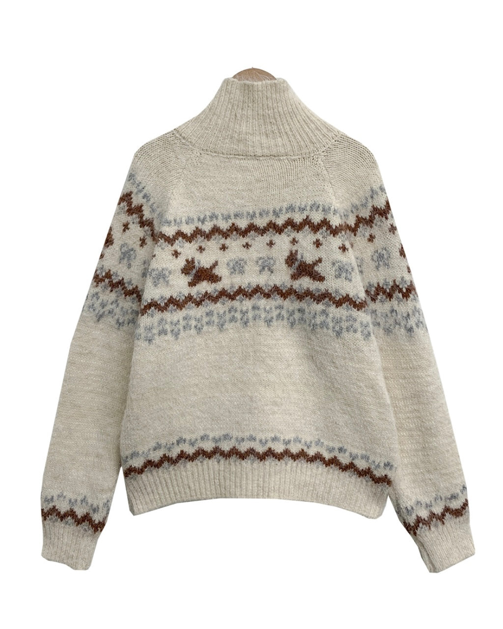 Nordic Rabbit Pattern Wool Knit Polo Cardigan