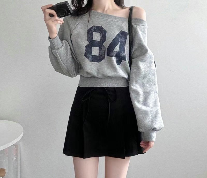 84 Raglan Off-Shoulder Crop Sweatshirt (Ink Grey)