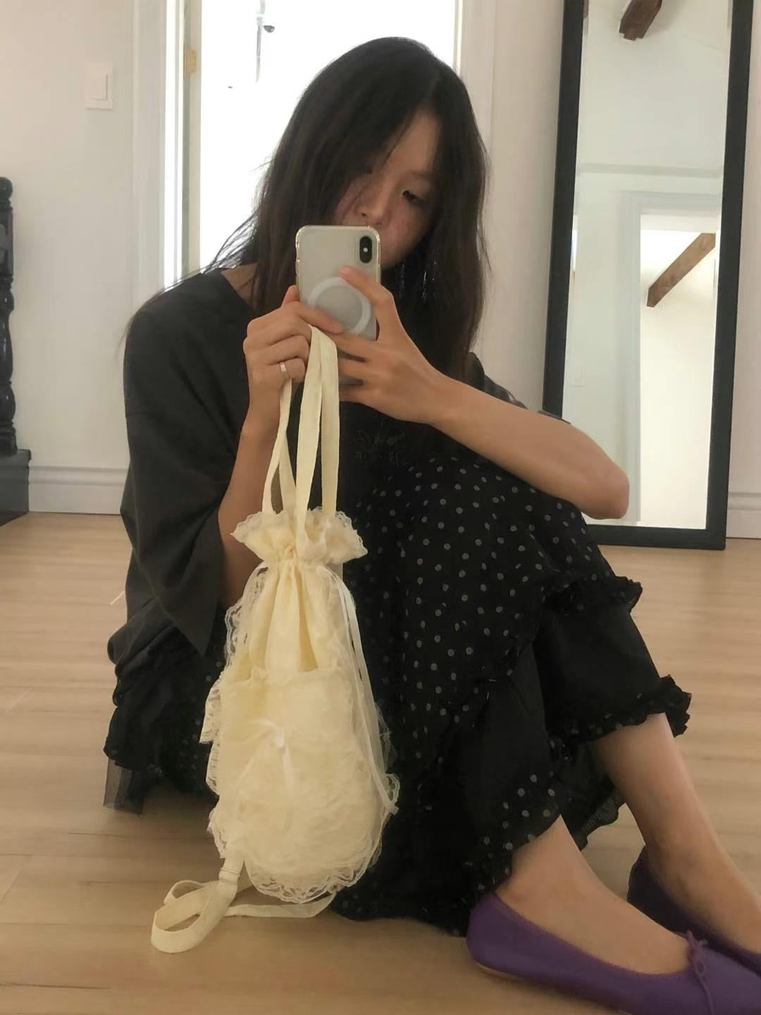 (Preorder) Princess Bag Lace Frill Ribbon Backpack (Beige)