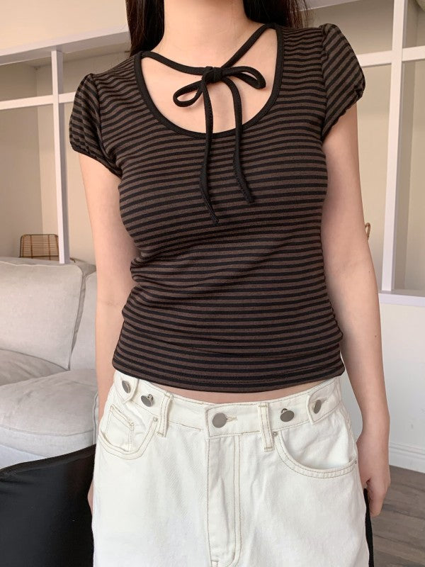 Casual Girly Striped Ribbon T-Shirt