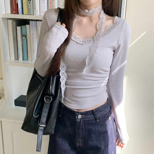 Lace-Trim Ribbed Long Sleeve Top with Scarf