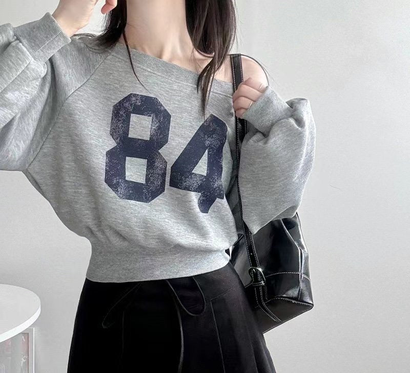 84 Raglan Off-Shoulder Crop Sweatshirt (Ink Grey)