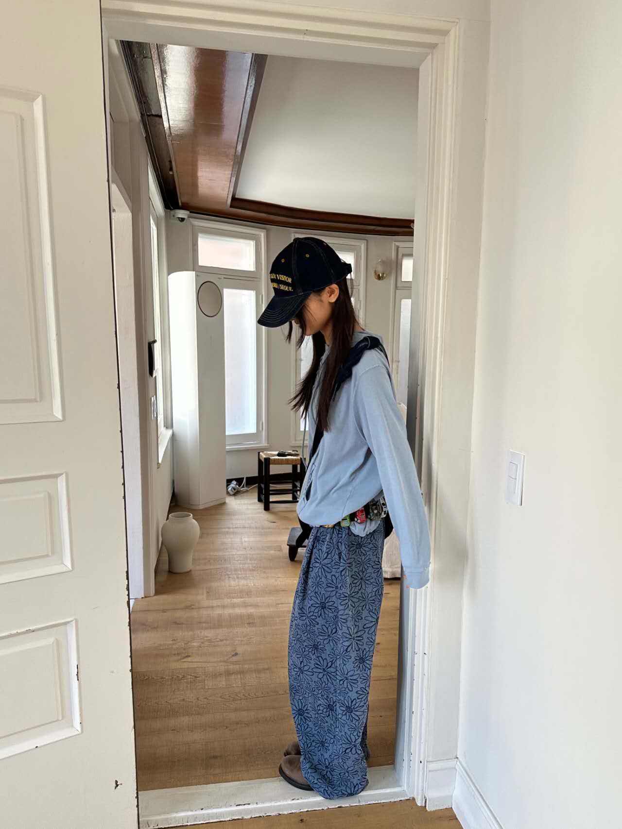 (Preorder) Floral pigment print loose-fit cotton one size pants