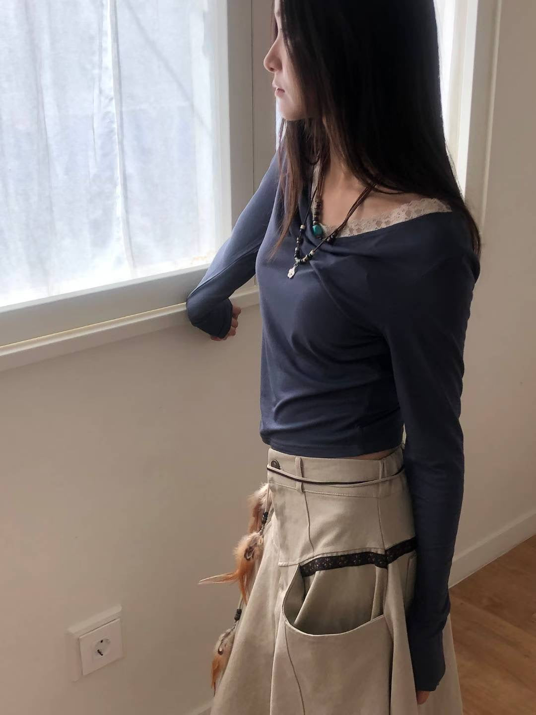 (Preorder) Shirred Lace Slim Drape Layered Long-Sleeve T-shirt (3 Colours)