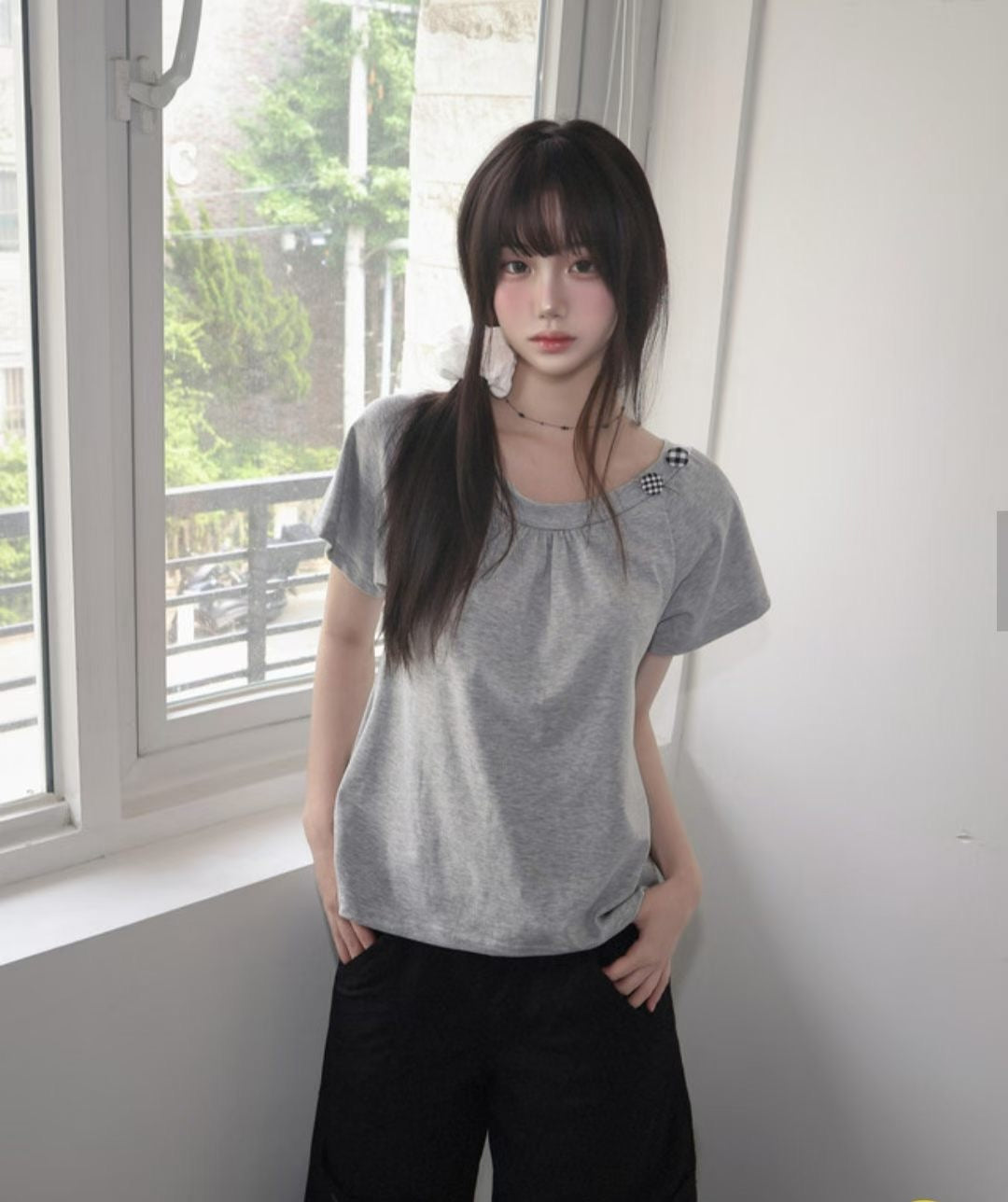 Back Bow Check Details! Forest Girl Round Neckline Button Tee (2 Colours)