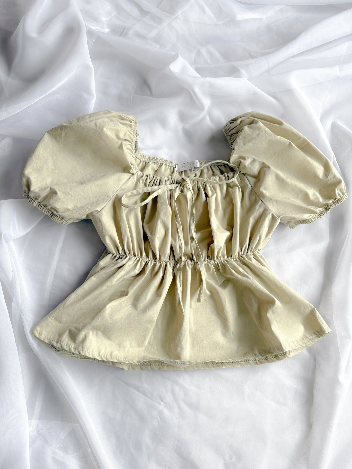 Puff Ruffle Ribbon Cropped Short Sleeve Blouse