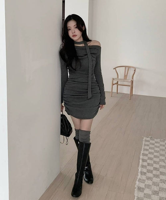 (DEC NEW) Drape with scarf dress set