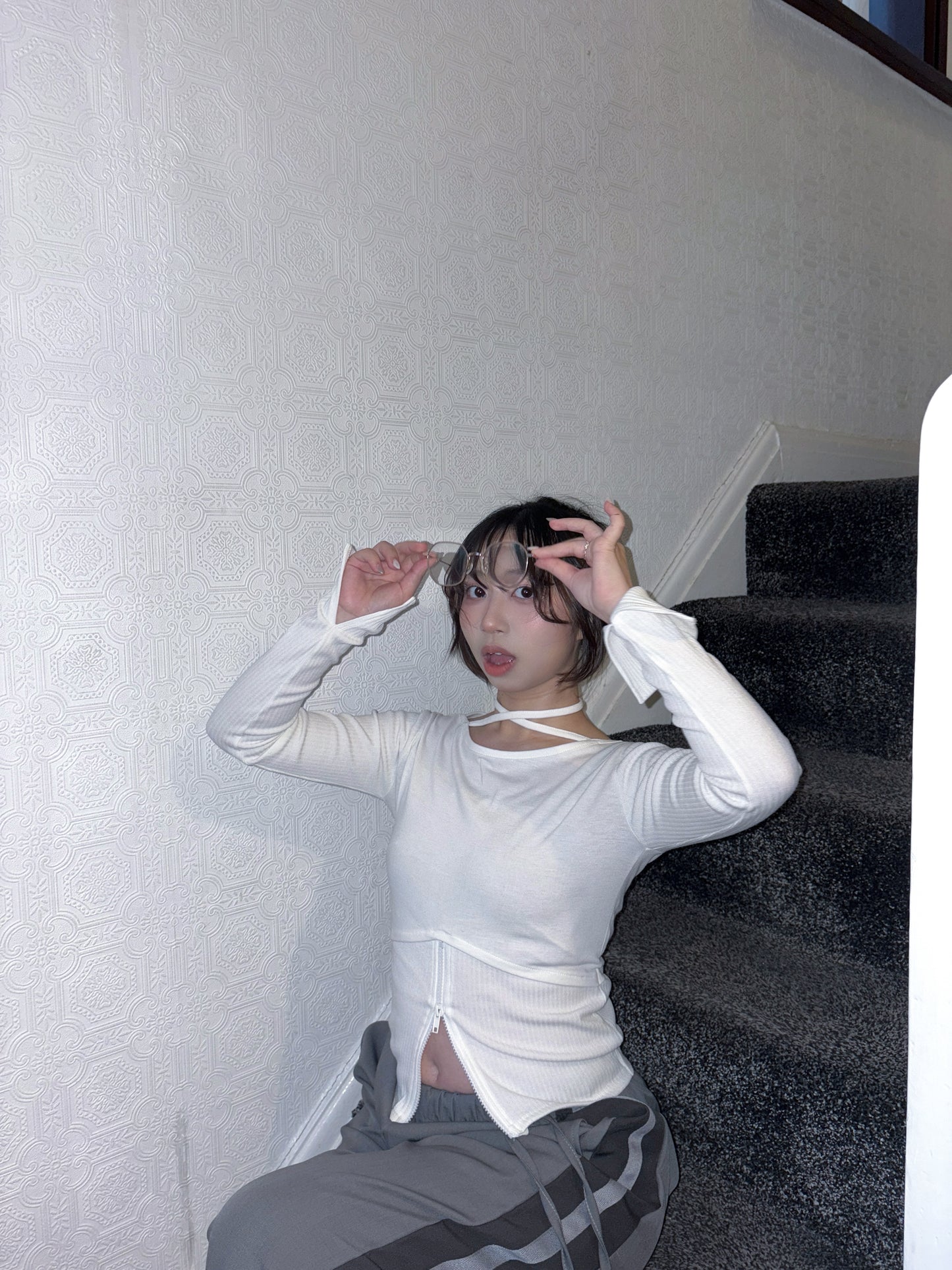 Y2k Neck Strap Zipper Long Sleeve T-shirt (2 Colours)