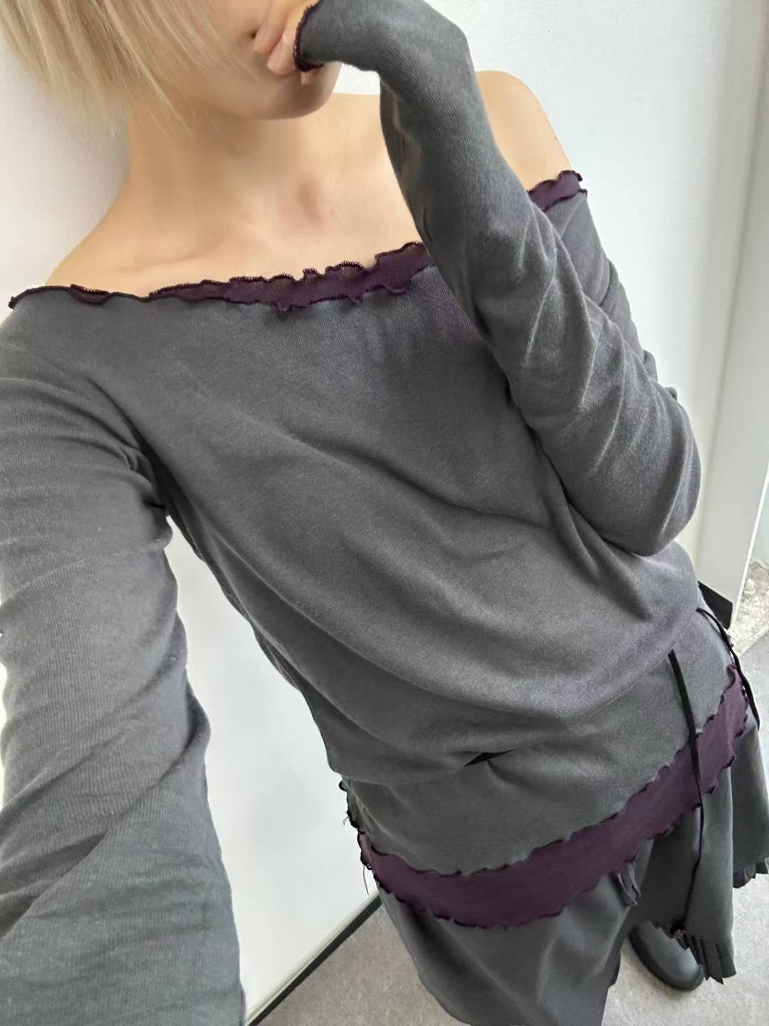(Preorder) Contrast Off-shoulder Loose-fit Drape Layered Frill Long-sleeve T-shirt