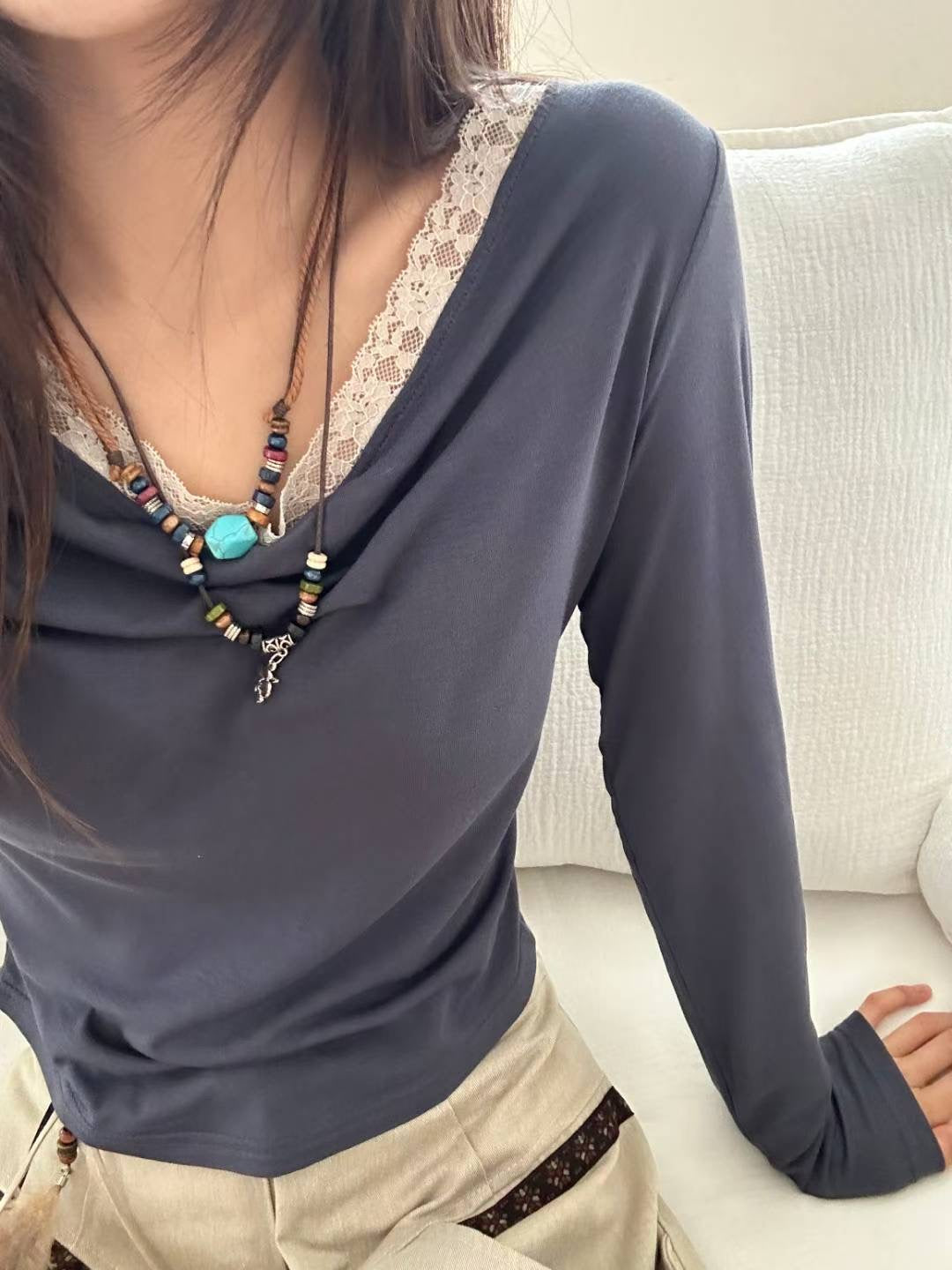 (Preorder) Shirred Lace Slim Drape Layered Long-Sleeve T-shirt (3 Colours)