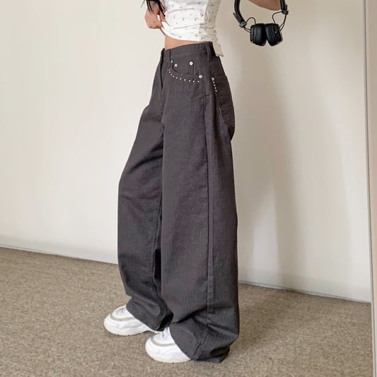 Metal Herringbone Loose Wide Jeans (Gray)