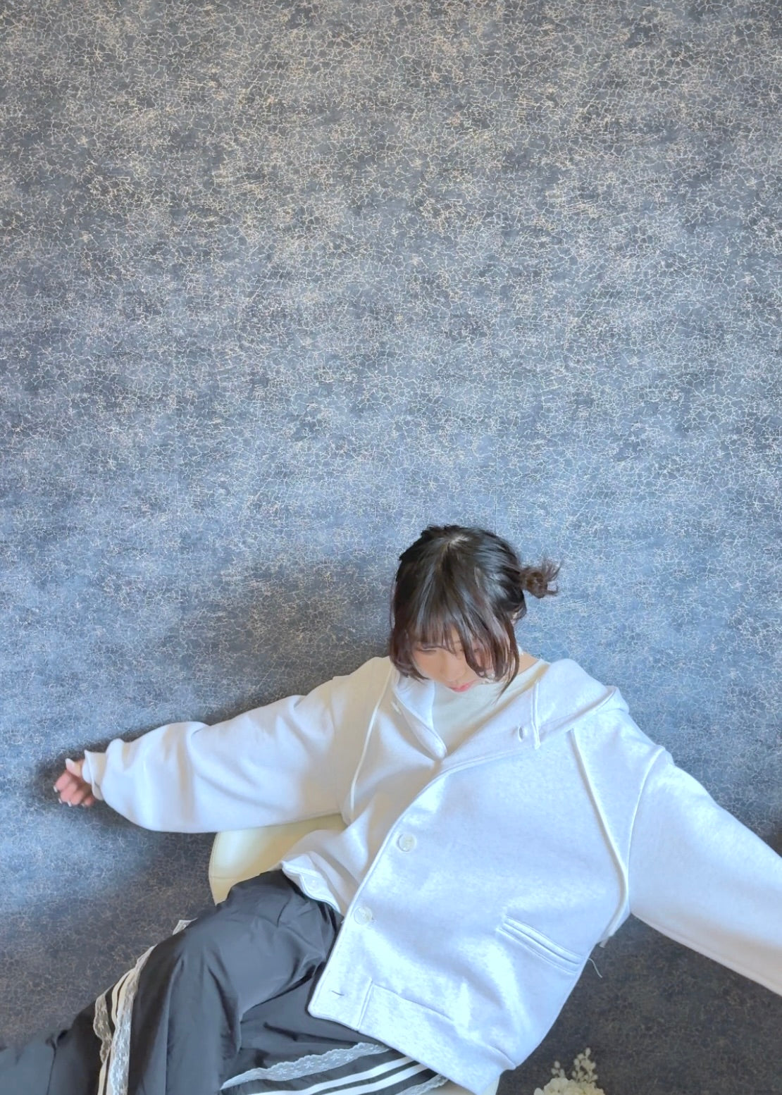 Oversized Double-Knit Button Hood Zip-Up (Navy White Preorder)