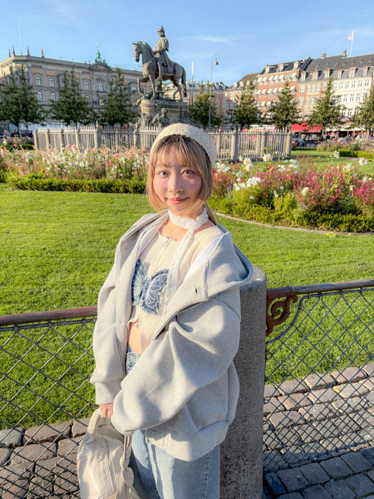 Oversized Double-Knit Button Hood Zip-Up (Navy White Preorder)